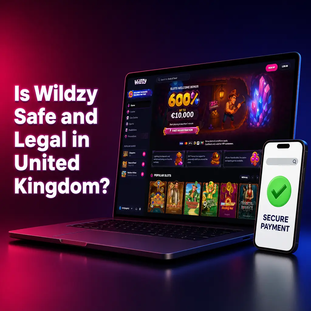 Wildzy casino website showing SSL encryption and responsible gambling tools for UK players under Curaçao licence