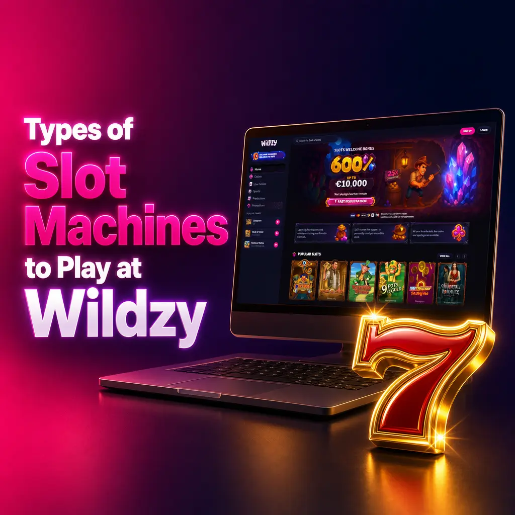 Wildzy casino slot machine types including classic reels, video slots, Megaways, jackpot, and crash games lobby