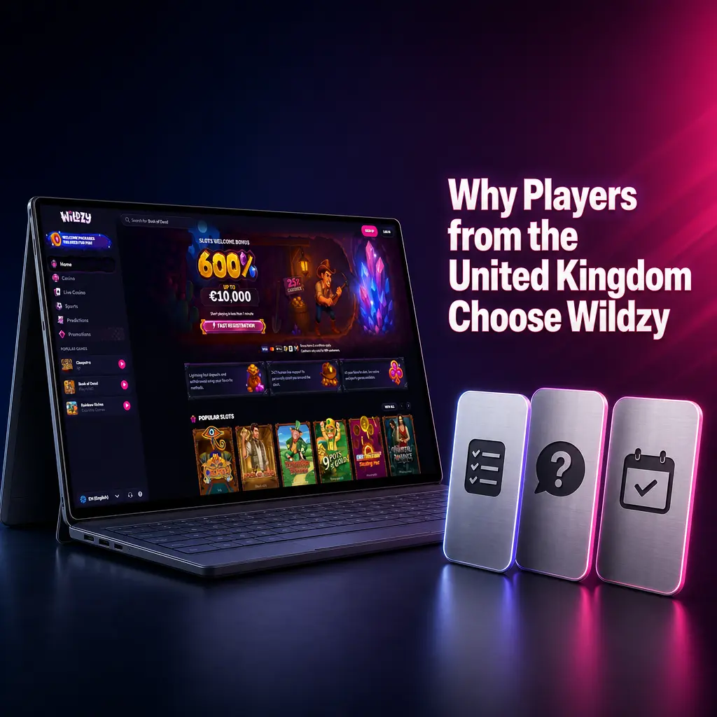 Wildzy online casino homepage showcasing UK-focused features including GBP support, 5000 games and 600% welcome bonus