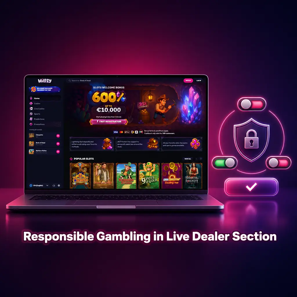 Wildzy live casino responsible gambling tools including session limits, deposit limits and self-exclusion options for UK players