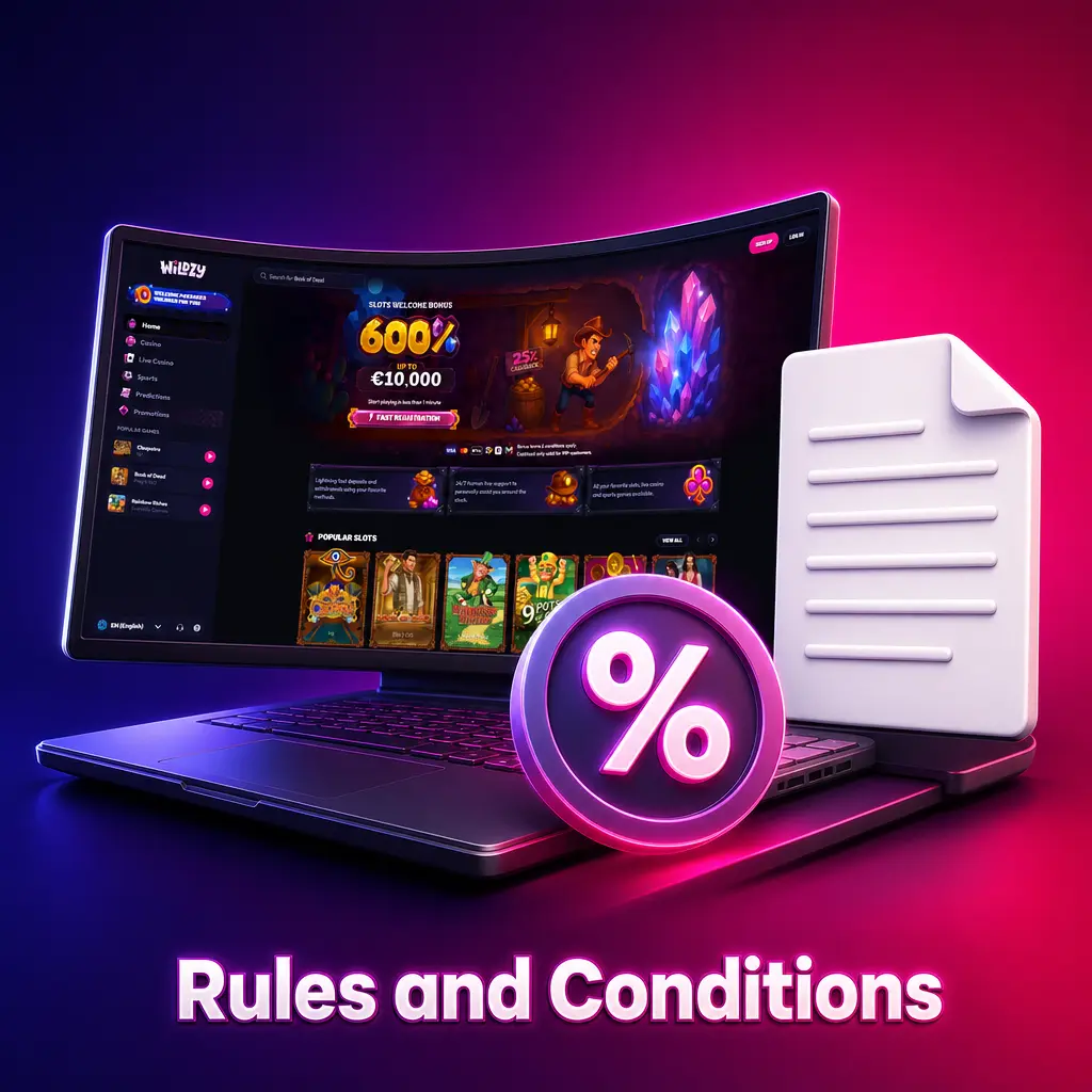 Wildzy UK rules and conditions covering age limits, KYC, bonus wagering, and account policies for registered players