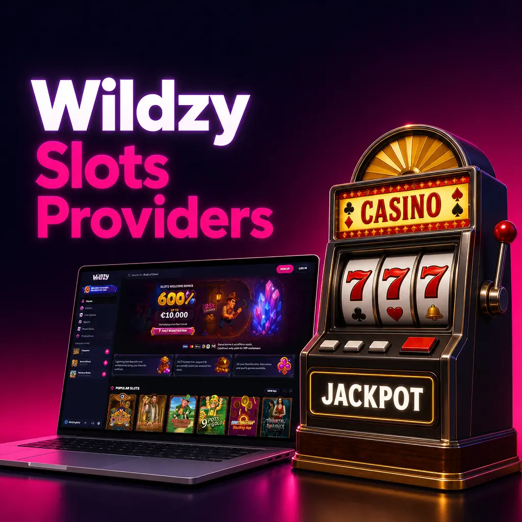 Wildzy Casino lobby showing slot game provider logos including Pragmatic Play, NetEnt, Play'n GO, Microgaming and more