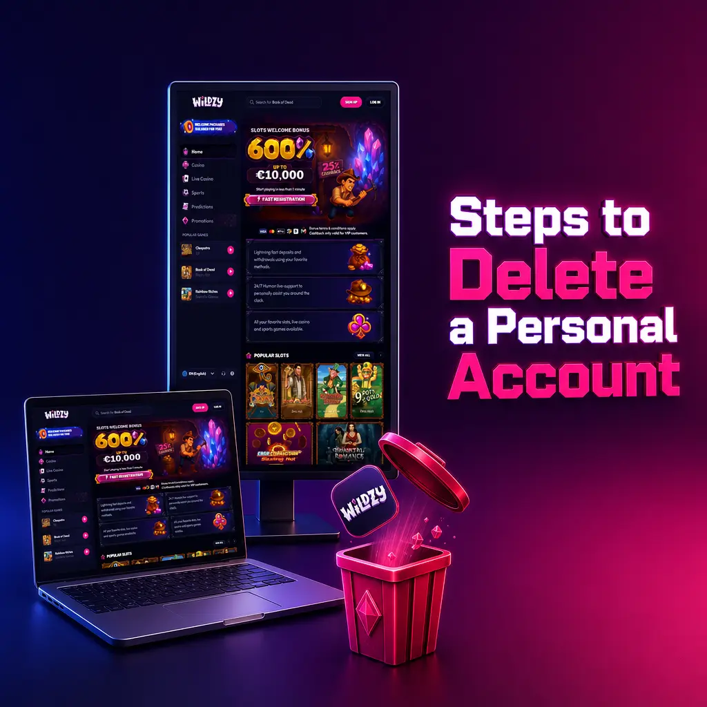 Steps to delete a personal Wildzy account, including logging in, accessing settings, and requesting account closure