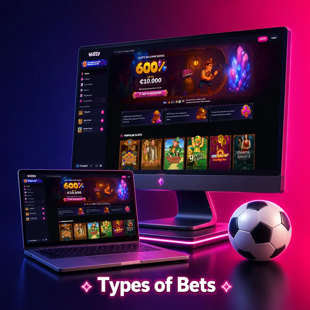 Wildzy betting types diagram showing Single, Express Accumulator, and System bet structures explained